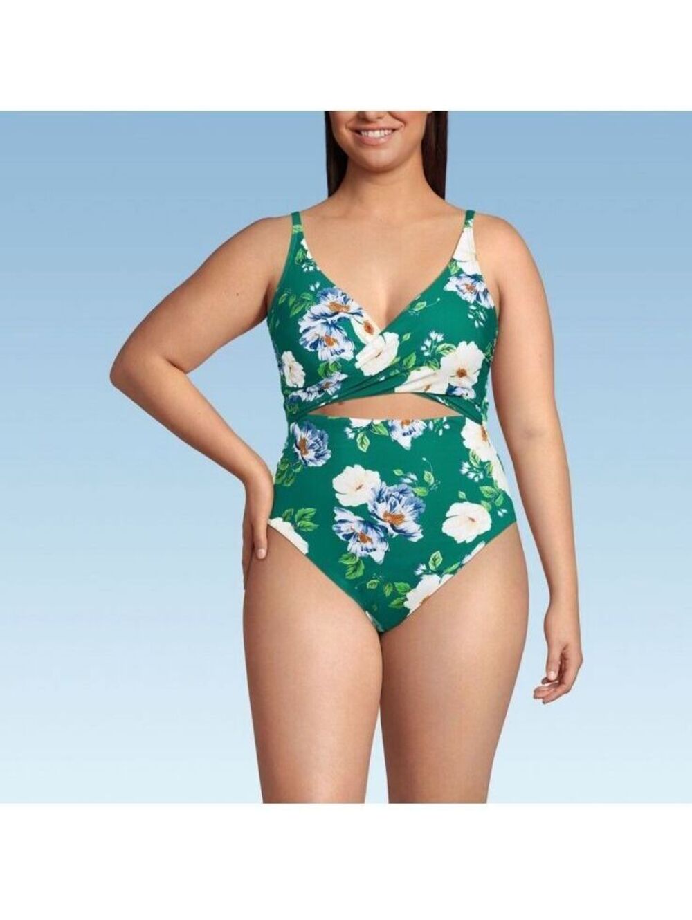 NWT  Lands' End Wrap Monokini High Leg One Piece Swimsuit Floral  20W